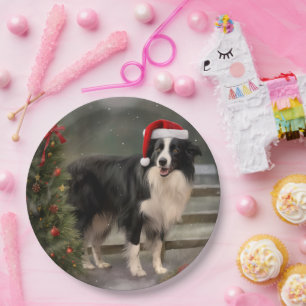 Border Collie Dog im Schnee Weihnachten Pappteller