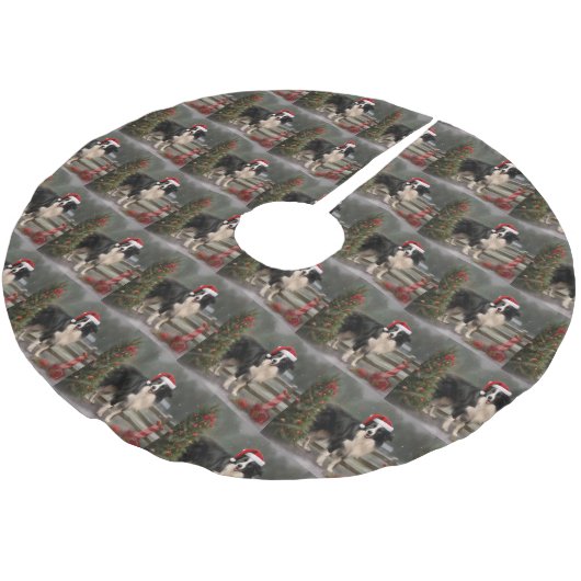 Border Collie Dog im Schnee Weihnachten Polyester Weihnachtsbaumdecke (Schrägansicht)