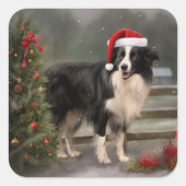 Border Collie Dog im Schnee Weihnachten Quadratischer Aufkleber (Vorderseite)