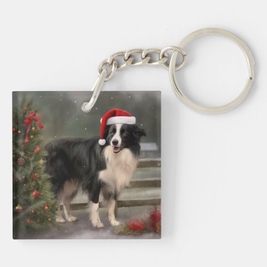 Border Collie Dog im Schnee Weihnachten Schlüsselanhänger (Rückseite)