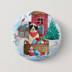 Border Collie Dog im Schnee Weihnachtshundehaus Button