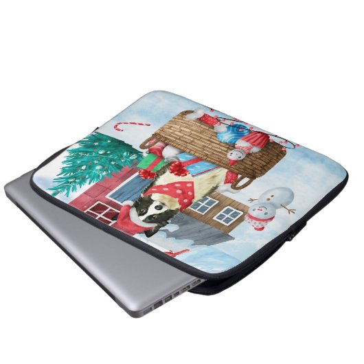 Border Collie Dog im Schnee Weihnachtshundehaus Laptopschutzhülle (Vorne Knopf)