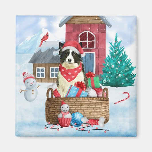 Border Collie Dog im Schnee Weihnachtshundehaus Magnet (Vorne)