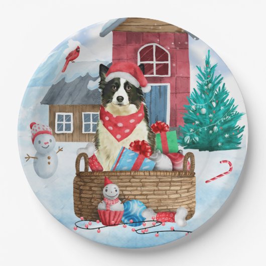 Border Collie Dog im Schnee Weihnachtshundehaus Pappteller (Vorderseite)
