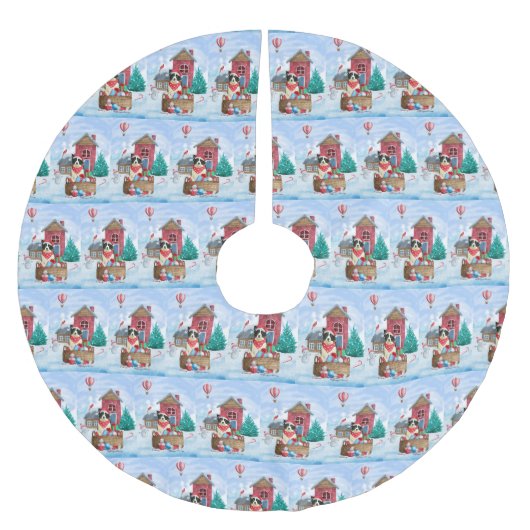 Border Collie Dog im Schnee Weihnachtshundehaus Polyester Weihnachtsbaumdecke (Vorderseite)