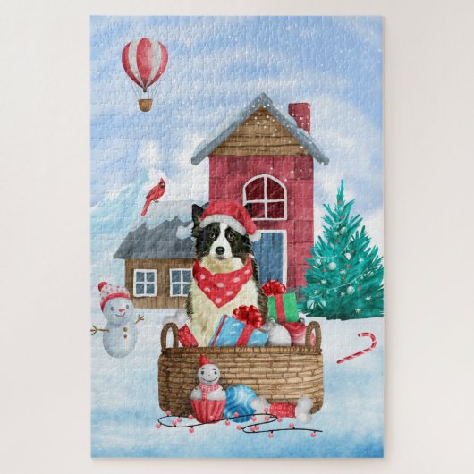 Border Collie Dog im Schnee Weihnachtshundehaus Puzzle (Vertikal)