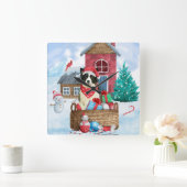 Border Collie Dog im Schnee Weihnachtshundehaus Quadratische Wanduhr (Zuhause)