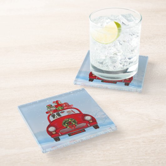 Border Collie Dog in Car mit dem Weihnachtsmann Glasuntersetzer (Schrägansicht)