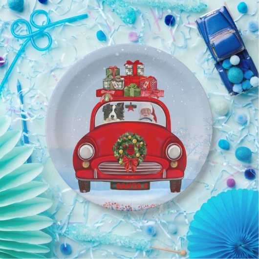 Border Collie Dog in Car mit dem Weihnachtsmann Pappteller (Party)