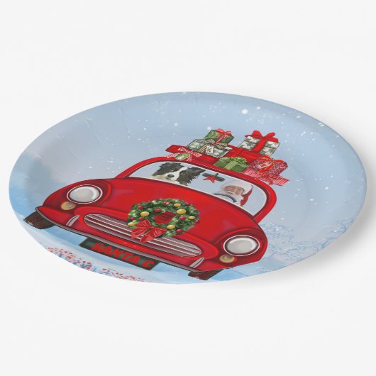 Border Collie Dog in Car mit dem Weihnachtsmann Pappteller (Schrägansicht)
