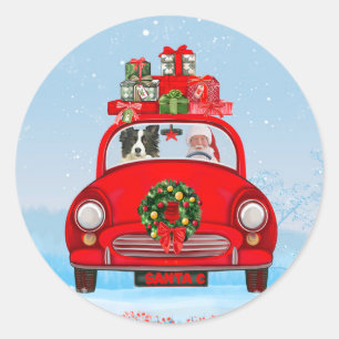 Border Collie Dog in Car mit dem Weihnachtsmann Runder Aufkleber
