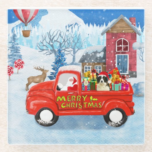 Border Collie Dog in Christmas Delivery LKW Schnee Glasuntersetzer (Vorderseite)