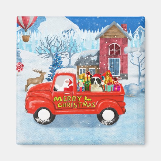 Border Collie Dog in Christmas Delivery LKW Schnee Magnet (Vorne)
