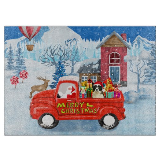 Border Collie Dog in Christmas Delivery LKW Schnee Schneidebrett (Vorderseite)