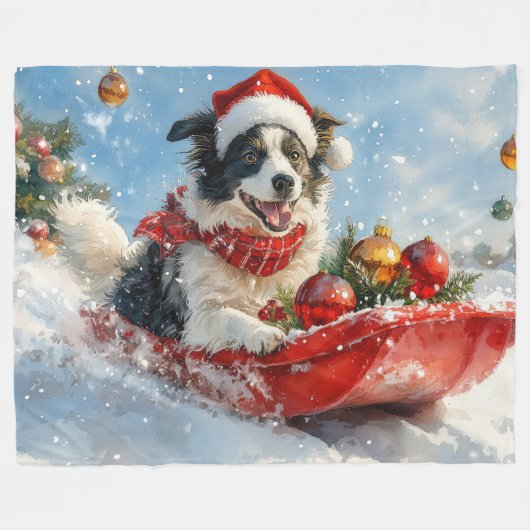 Border Collie Dog in Sledge Lass es Schnee Weihnac Fleecedecke (Vorderseite (Horizontal))