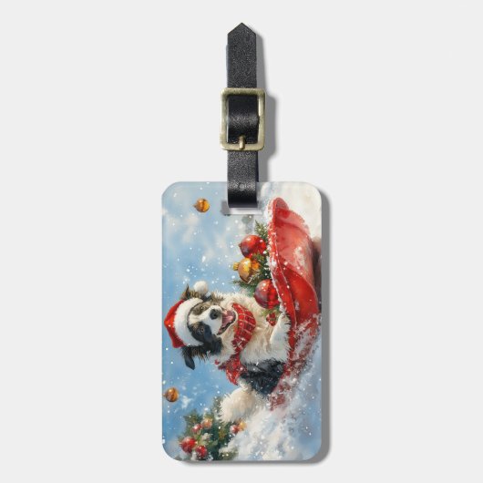 Border Collie Dog in Sledge Lass es Schnee Weihnac Gepäckanhänger (Vorderseite vertikal)