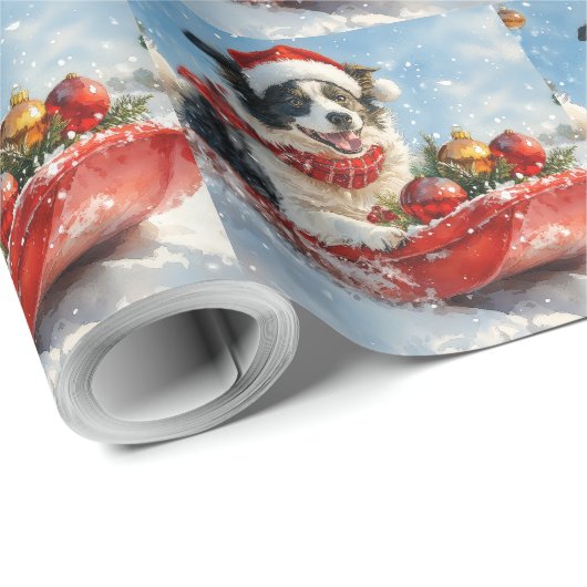 Border Collie Dog in Sledge Lass es Schnee Weihnac Geschenkpapier (Rolleneckpunkt)