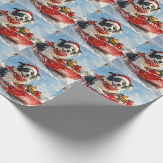 Border Collie Dog in Sledge Lass es Schnee Weihnac Geschenkpapier (Ecke)