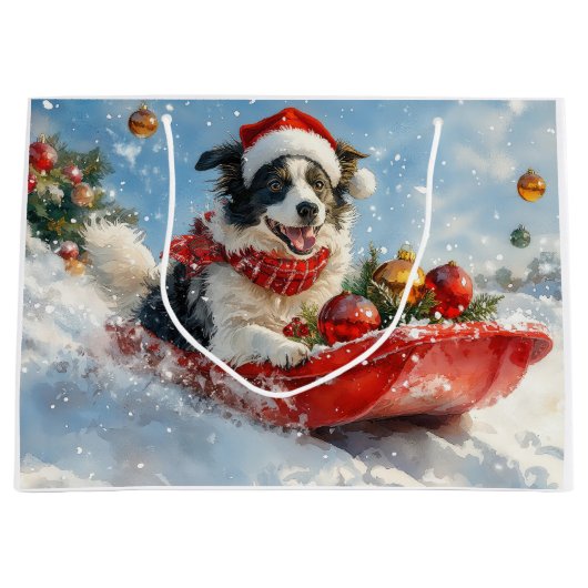 Border Collie Dog in Sledge Lass es Schnee Weihnac Große Geschenktüte (Vorderseite)