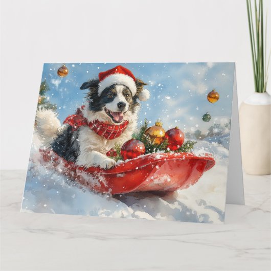 Border Collie Dog in Sledge Lass es Schnee Weihnac Karte (Vorderseite)