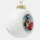 Border Collie Dog in Sledge Lass es Schnee Weihnac Keramik Kugel-Ornament (Links)