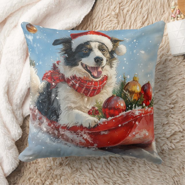 Border Collie Dog in Sledge Lass es Schnee Weihnac Kissen (Decke)