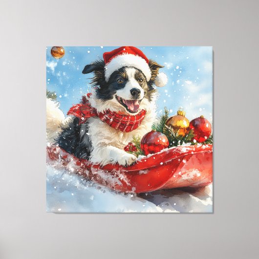 Border Collie Dog in Sledge Lass es Schnee Weihnac Leinwanddruck (Vorderseite)