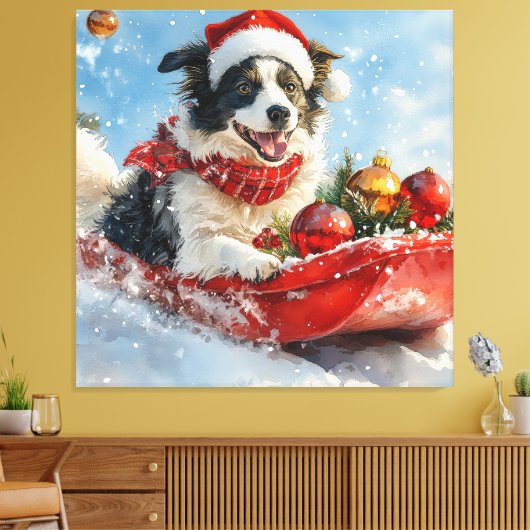 Border Collie Dog in Sledge Lass es Schnee Weihnac Leinwanddruck (Insitu (Wohnzimmer))