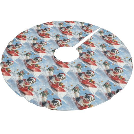 Border Collie Dog in Sledge Lass es Schnee Weihnac Polyester Weihnachtsbaumdecke (Schrägansicht)