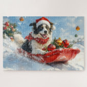 Border Collie Dog in Sledge Lass es Schnee Weihnac Puzzle (Horizontal)