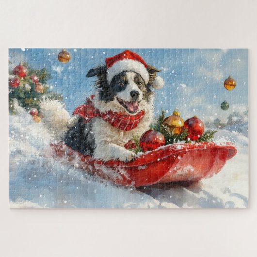Border Collie Dog in Sledge Lass es Schnee Weihnac Puzzle (Horizontal)