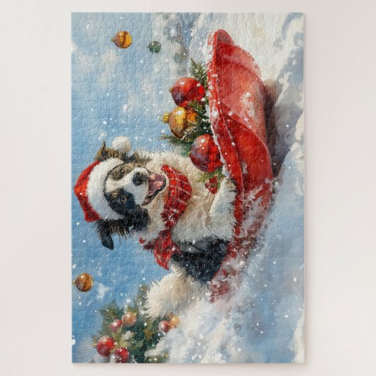 Border Collie Dog in Sledge Lass es Schnee Weihnac Puzzle (Vertikal)