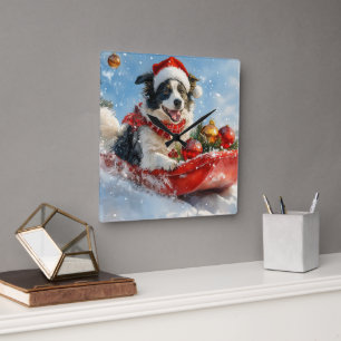 Border Collie Dog in Sledge Lass es Schnee Weihnac Quadratische Wanduhr