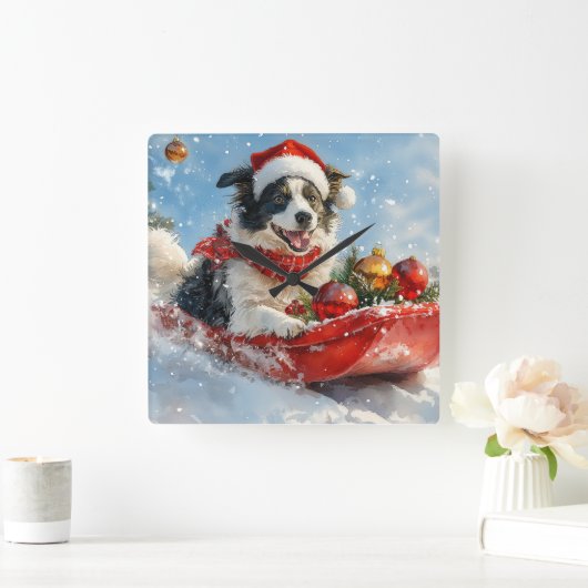 Border Collie Dog in Sledge Lass es Schnee Weihnac Quadratische Wanduhr (Zuhause)
