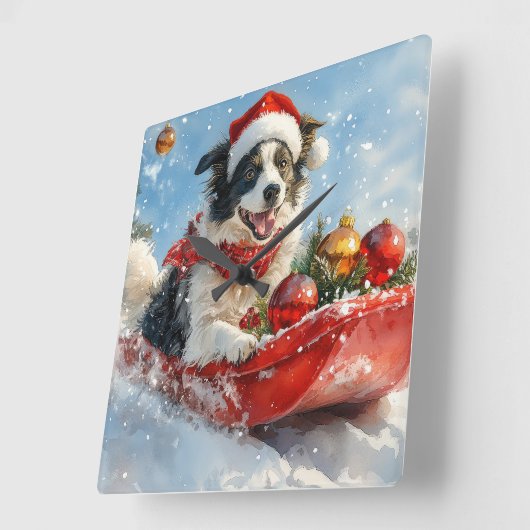 Border Collie Dog in Sledge Lass es Schnee Weihnac Quadratische Wanduhr (Winkel)