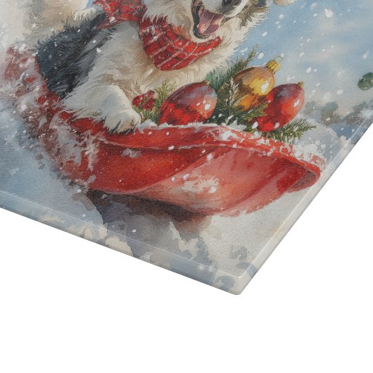 Border Collie Dog in Sledge Lass es Schnee Weihnac Schneidebrett (Ecke)