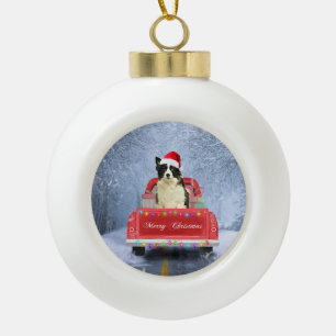 Border Collie Dog in Snow sitzen in Weihnachten Keramik Kugel-Ornament