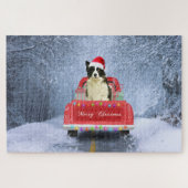 Border Collie Dog in Snow sitzen in Weihnachten Puzzle (Horizontal)