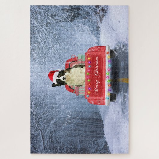 Border Collie Dog in Snow sitzen in Weihnachten Puzzle (Vertikal)