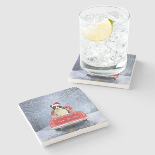 Border Collie Dog in Snow sitzen in Weihnachten Steinuntersetzer (Seitenansicht)