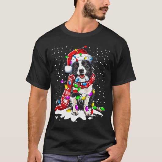 Border Collie Dog Lighting Xmas Santa Hat Christma T-Shirt (Vorderseite)