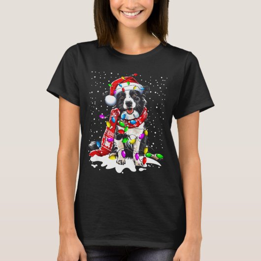 Border Collie Dog Lighting Xmas Santa Hat Christma T-Shirt (Vorderseite)