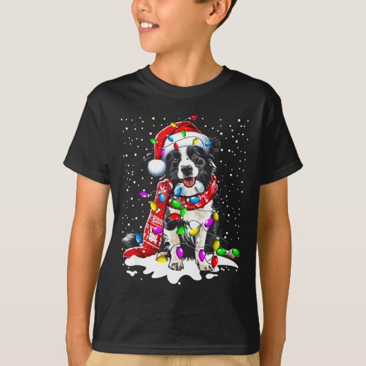 Border Collie Dog Lighting Xmas Santa Hat Christma T-Shirt (Vorderseite)