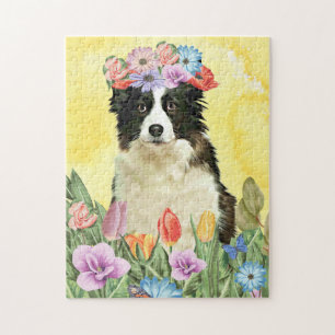 Border Collie Dog mit Blume Spring Puzzle