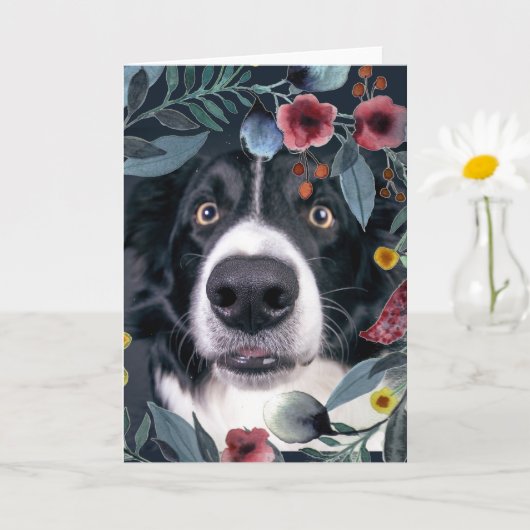 Border Collie Dog mit Watercolor Pink Blume Karte (Kleine Pflanze)