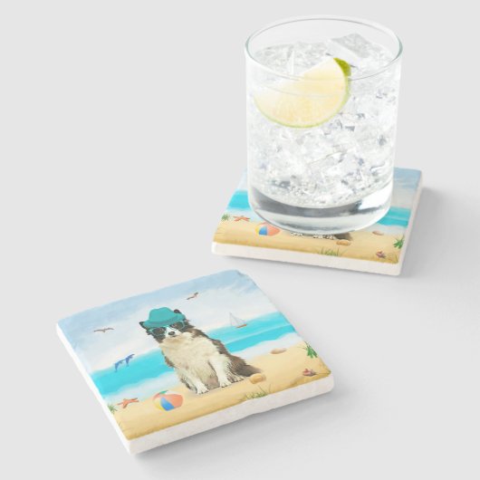 Border Collie Dog on Beach Steinuntersetzer (Seitenansicht)