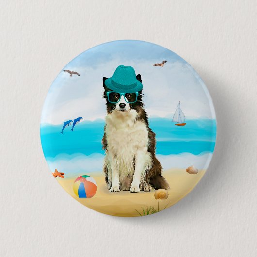 Border Collie Dog on Beach Throw Kissen Button (Vorderseite)