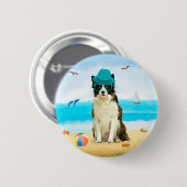 Border Collie Dog on Beach Throw Kissen Button (Vorne & Hinten)