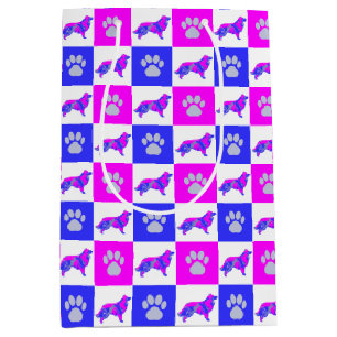 Border Collie Dog & Paw Hot Pink & Blue Mittlere Geschenktüte