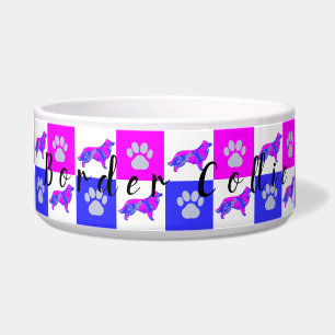 Border Collie Dog & Paw Hot Pink und Blue Dog Bowl Napf